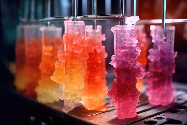 Suikerkristallen vormen zich aan touwtjes in een snoepmachine gemaakt met generatieve AI