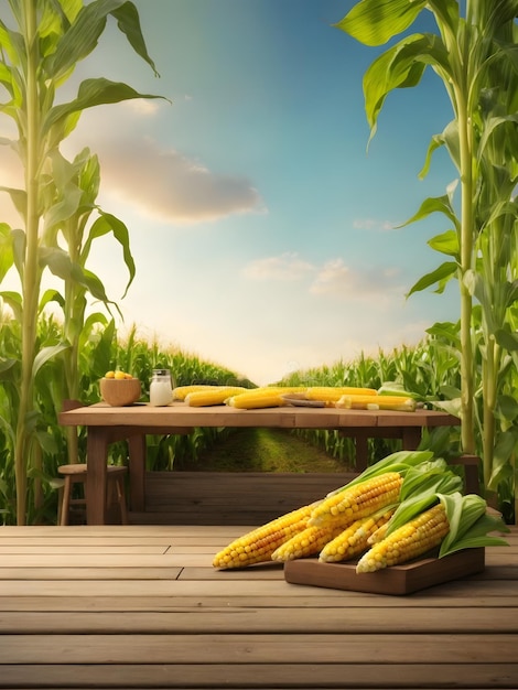 Suikermaïsveld en houten tafel bij landbouwmaïs