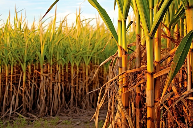 Suikerrietstengels met de achtergrond van de suikerrietaanplanting