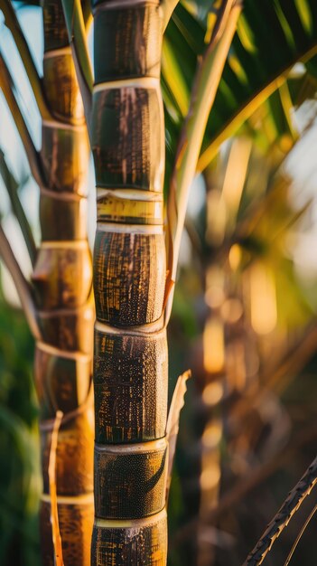 Foto suikerriettakken op een wazige achtergrond suikerrietplantage verse groene suikerrietstengels