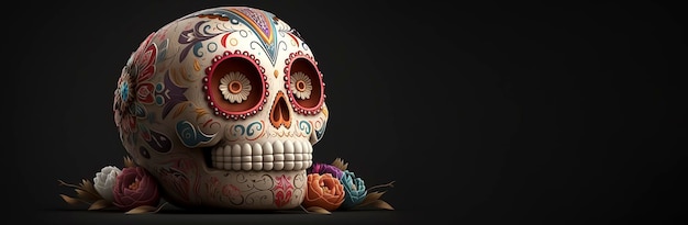 Suikerschedel in een speelse geanimeerde stijl voor Dia de los Muertos op zwarte achtergrond AIGenerated