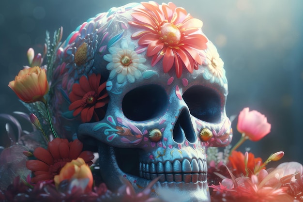 Suikerschedel met kleurrijke bloemen Dia de los muertos Dag van de Doden Digitale 3D illustratie Feestdag Decoratie Banner Uitnodiging Traditioneel Mexicaans cultuurfestival AI generatief