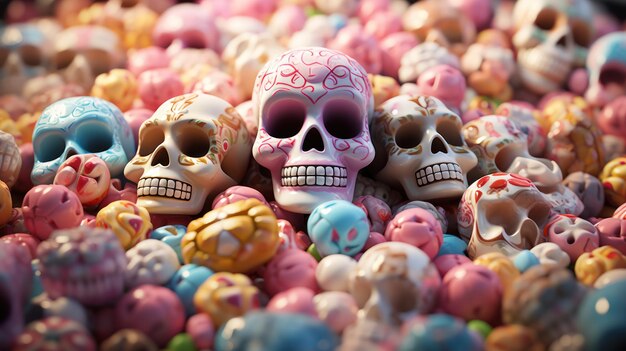 Foto suikersnoepjes en lekkernijen in de vorm van schedels voor de dag van de doden