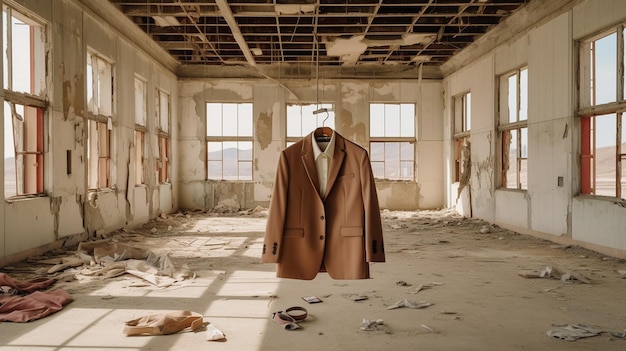 A suit hangs in a room with a broken ceiling.