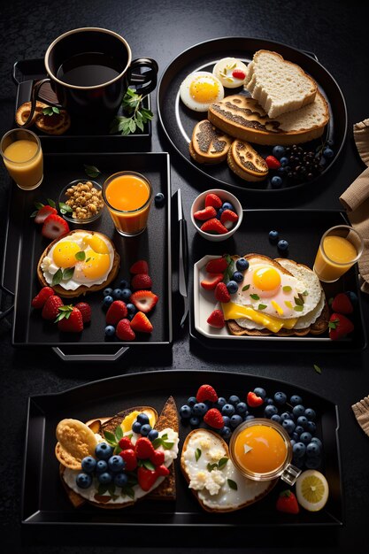 Photo suit of healthy breakfast meal in dark tray generated by ai