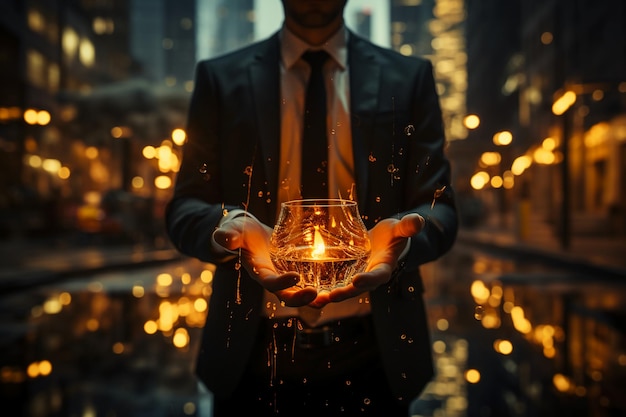 Suit man holding blank flame up to city bokeh effect AI generative