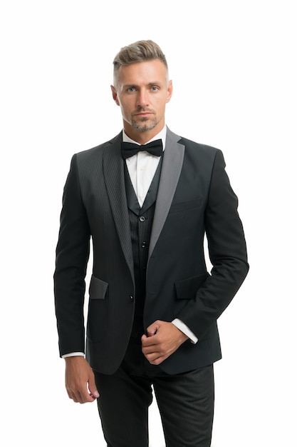 Suit for special occasion. Elegant accessory. Tailored suit. Fashion shop. Rent suit service. Elegant fashion outfit. Gentleman modern style. Well groomed handsome man wear tuxedo. Fashion clothes.