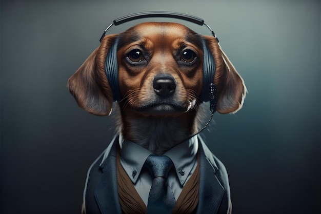 a suit up dog with headphones