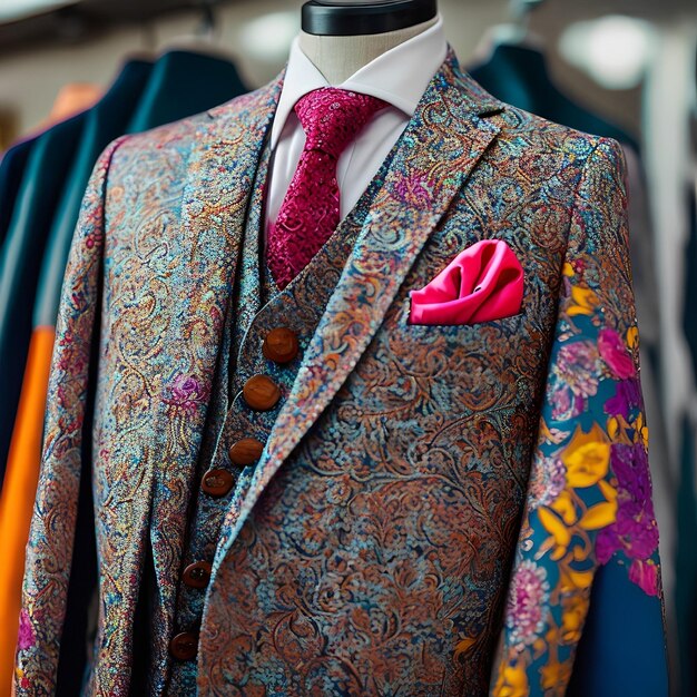 A suit with a pink flower on it