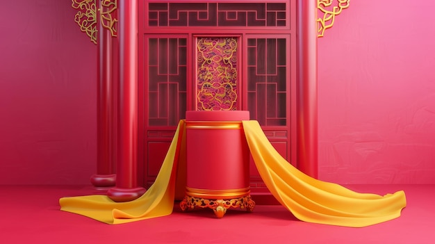 Foto adatto per l'esposizione di prodotti questa illustrazione 3d raffigura una classica struttura cinese con uno sfondo di finestra tradizionale e un piedistallo cilindrico marrone con tessuto giallo