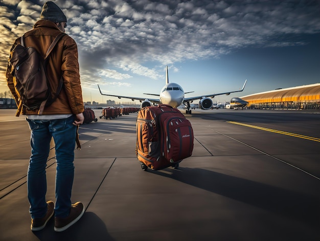 Suitcase at the airport plane terminal Generative AI