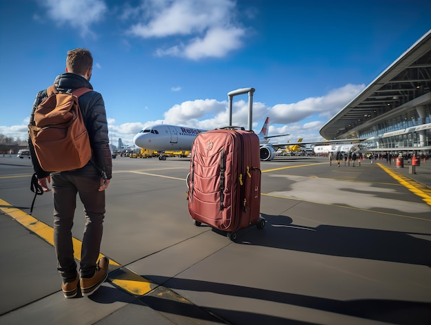 Suitcase at the airport plane terminal Generative AI