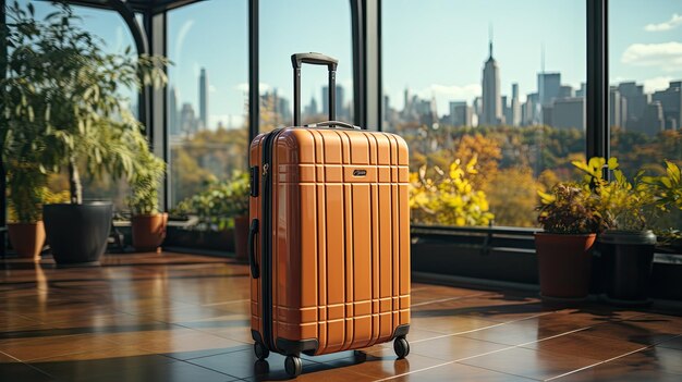 suitcase in airport window background