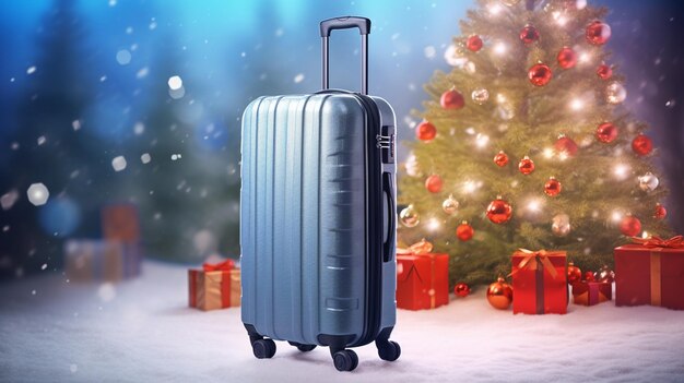 a suitcase on the background of a Christmas tree travelGenerative AI