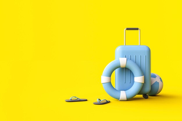 Photo suitcase ball swim ring and flip flops on yellow background