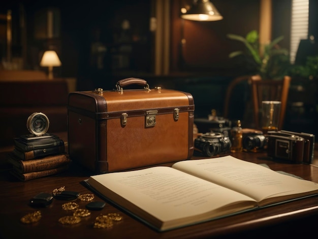 a suitcase and a book on a table with a lamp and a camera
