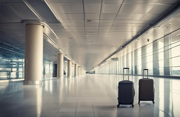 Suitcase in empty airport corridor Travel concept