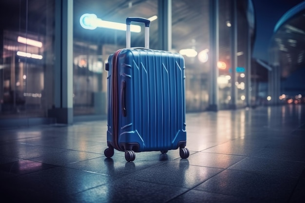 Suitcase in empty airport corridor Travel concept