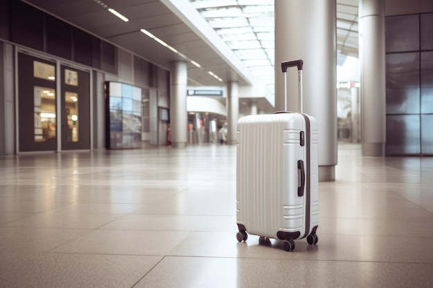 Suitcase in empty light airport corridor Travel concept