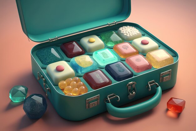 A suitcase filled with various brands of cough drops for the ultimate sweet and soothing remedy