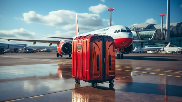 Photo suitcase in front of the plane at the airport