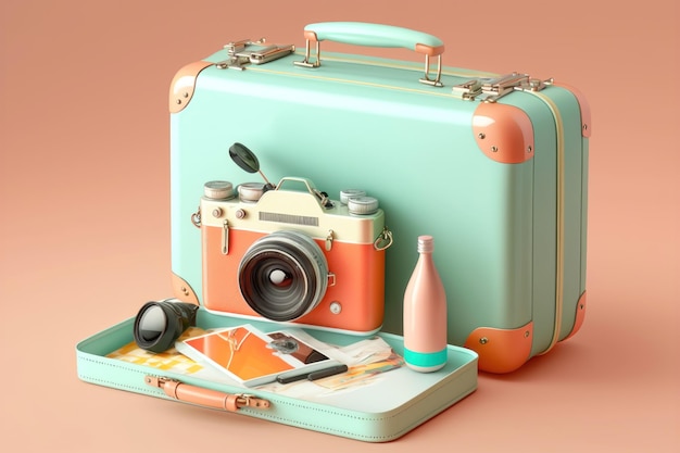 Suitcase full of landmarks and travel accessory on pastel background AI Generation