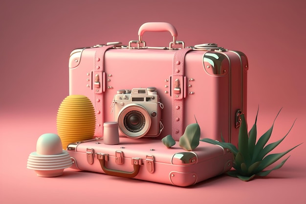 Suitcase full of landmarks and travel accessory on pink background AI Generation