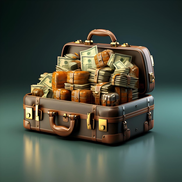 Suitcase full of money on dark background 3d render