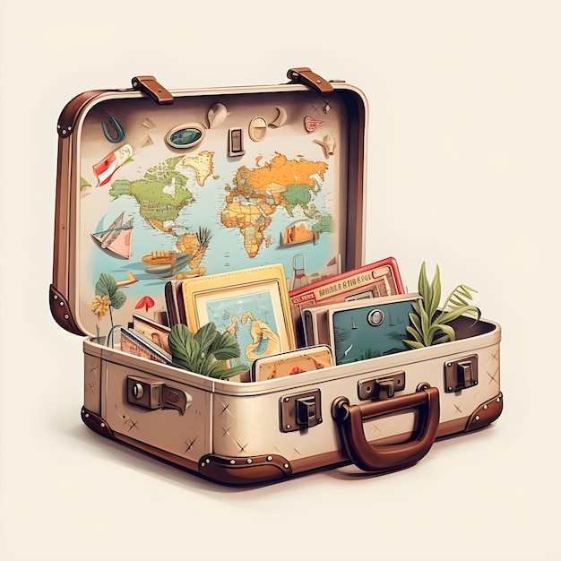 旅行用品でいっぱいのスーツケース ヴィンテージスタイルのベクトルイラスト