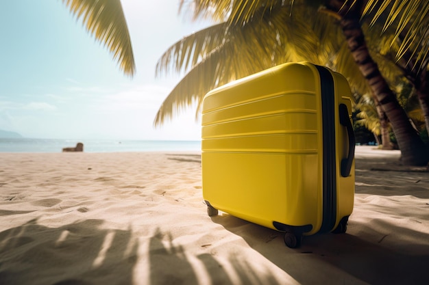 Suitcase hat and sunglasses on the sand at a beach Travel concept