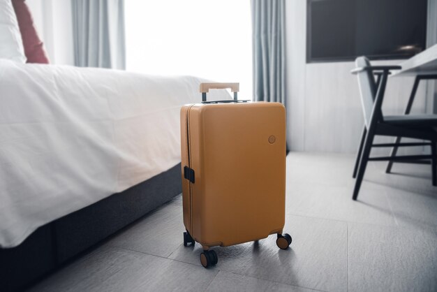 Suitcase in a hotel room.