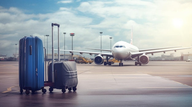 写真 空港で飛行機の前にあるスーツケース