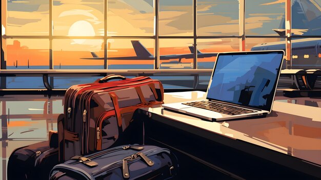 A suitcase and a laptop at an airport