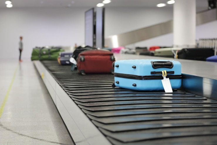 Photo suitcase or luggage on conveyor belt in the airport