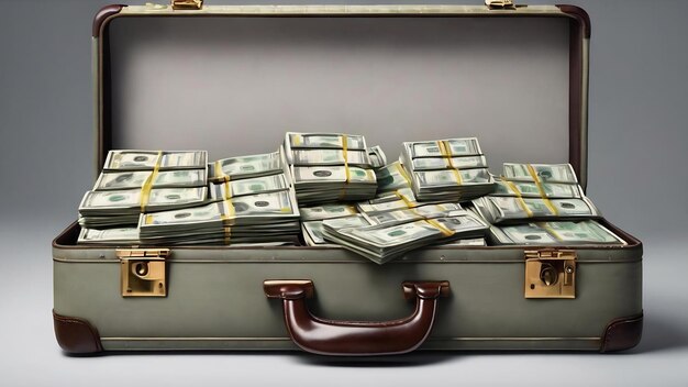 Suitcase of money with hundred dollar on white background