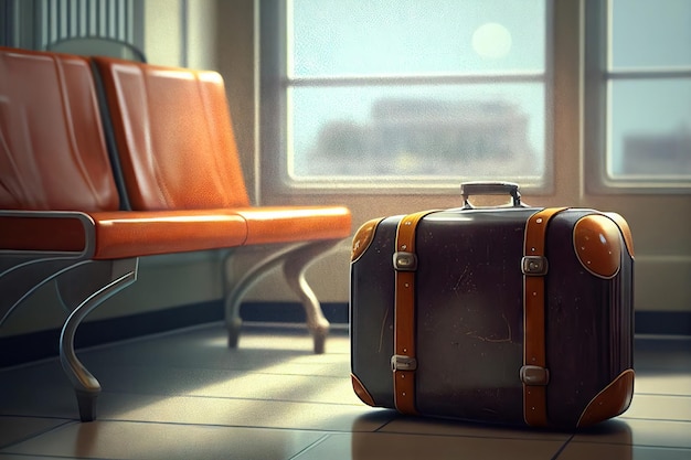 Suitcase near the window in the waiting room Traveling concept Generative AI