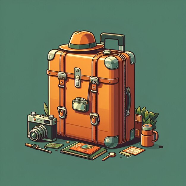 Photo the suitcase packed for adventure isolated on a plain explorer green background