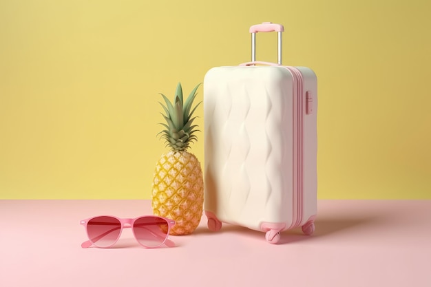 Suitcase pineapple and sunglasses on pink background Minimalism composition Summer travel vacation