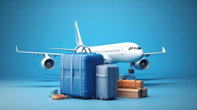 Suitcase and plane restored on blue background