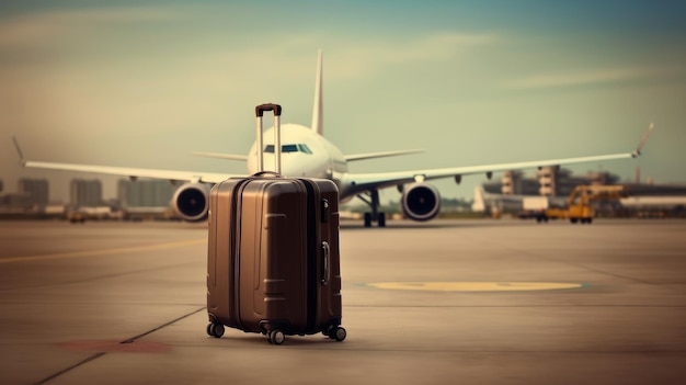 背景にぼやけた飛行機と滑走路上のスーツケース 生成 AI