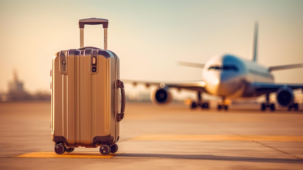 Suitcase on a runway with blurred airplane