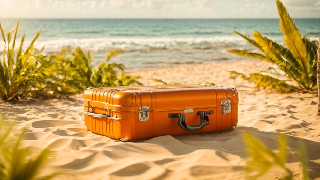 Suitcase on the sand tropics