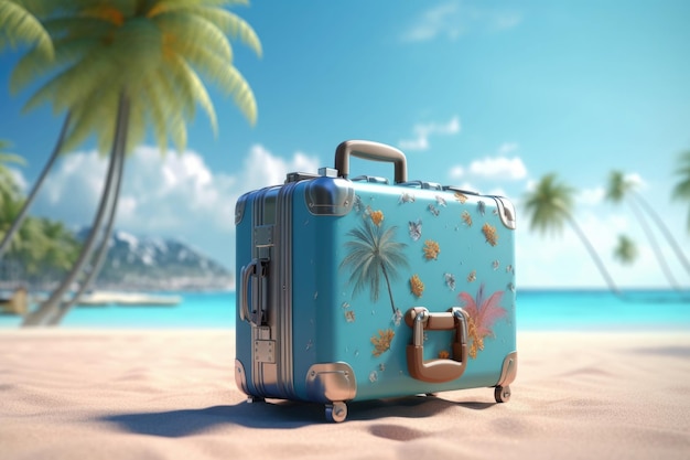 Suitcase on sea beach Summer vacation concept Generative AI