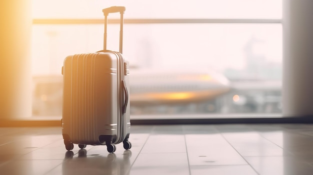 A suitcase sits in an airport with a view of an airplane in the background.