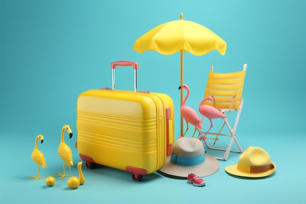 Suitcase sunglasses background blue flamingo yellow design vacation travel summer concept Generative AI