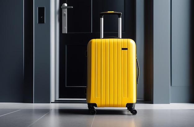 A suitcase on wheels stands next to the entrance door to the apartment