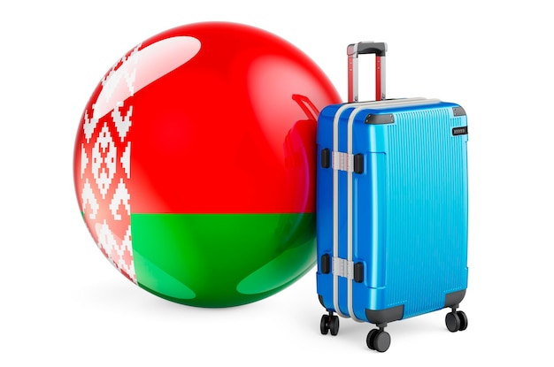 Suitcase with Belarusian flag Belarus travel concept 3D rendering