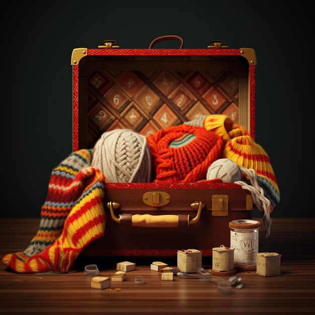 Photo a suitcase with a blanket and a pile of items on the floor