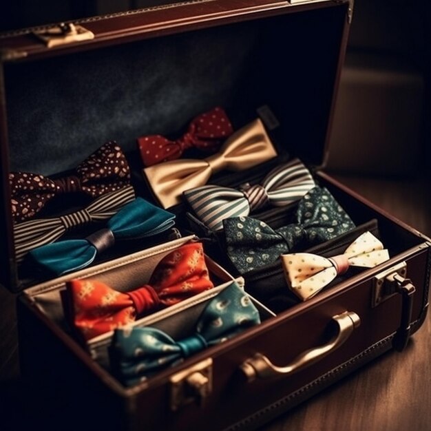 a suitcase with a box of ties in it that says " bow ties ".