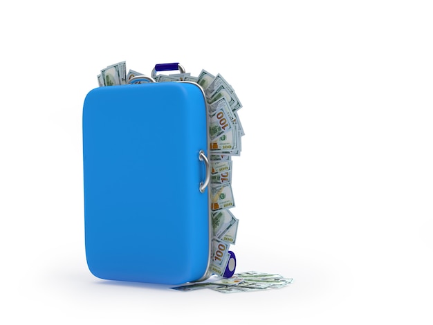 Suitcase with dollar bills. 3D